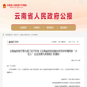 云南省财政厅等九部门关于印发《云南省财政金融协同支持专精特新“小巨人”企业发展九条措施》的通知_省级部门文件_云南省人民政府门户网站